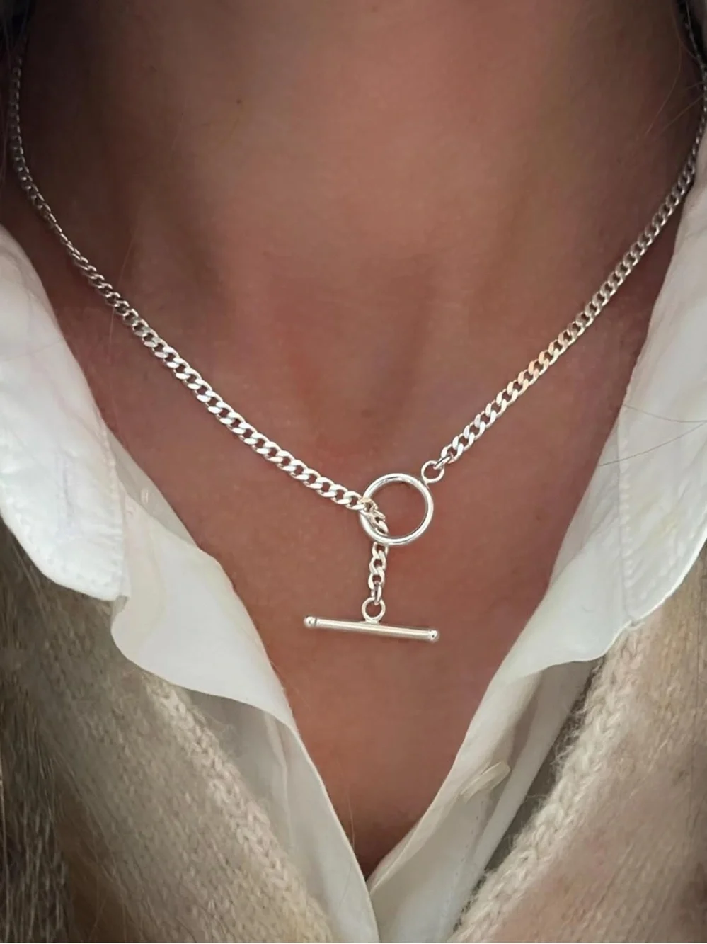 Double Layer Silver Plated Chain Necklace with Toggle Clasp